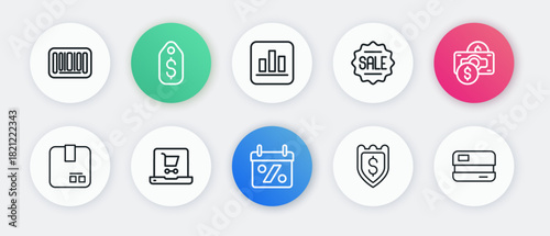 Set line Discount percent tag, Stacks paper money cash, Carton cardboard box, Shield with dollar, Price Sale, Pie chart infographic, Credit and Shopping cart screen laptop icon. Vector