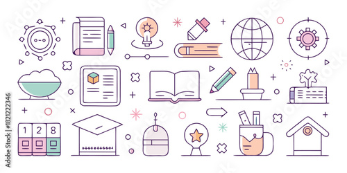 Colorful education icon set with target, document, science, graduation cap and apple, perfect for representing learning, studying and educational resources