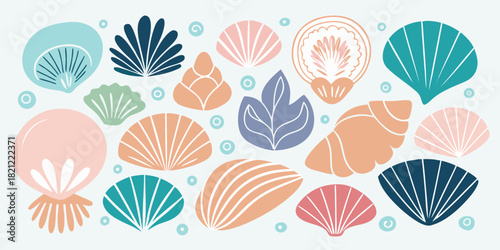 Seashells and plants vector seamless pattern, creative design for textile, fashion, decoration, background, or wrapping paper in teal, pink, and orange colors