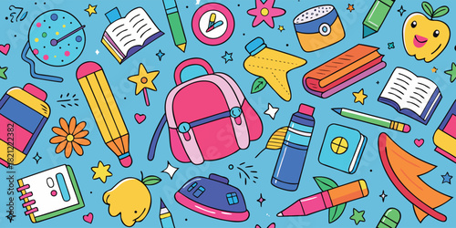 Back to school vector seamless pattern featuring backpacks, pencils and many other school supplies