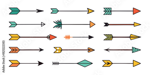 Various hand drawn Arrow designs in a horizontal line with different Colors and unique Fletching for design purposes