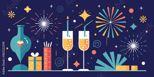 Happy new year celebration illustration with champagne bottle, cocktail and fireworks on dark blue background for festive holiday events