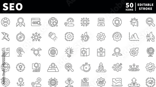Seo tools icons set. editable line icons, flat style, digital marketing symbols