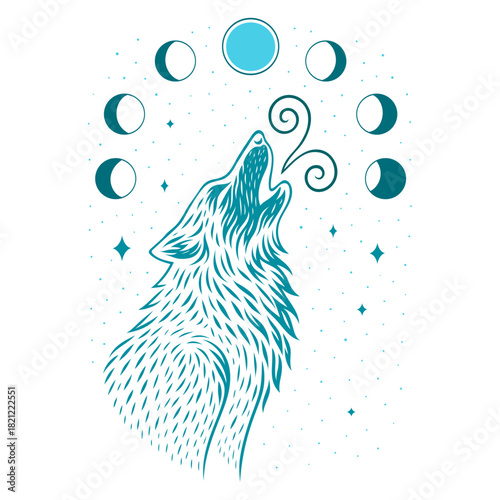 Heulender Wolf mit Mondphasen  Mystisches Vektor Motiv im modernen Tribal Stil in mint.