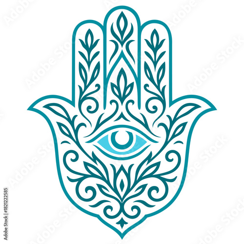 Hamsa Hand mit Auge - Mystisches Ornament als Vektor im modernen Tribal Stil in mint.