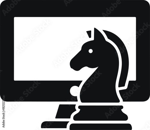 Digital chess knight on computer screen icon for online strategy gaming