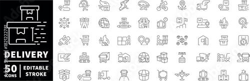 Delivery and shipping icons set. editable line icons, outline, logistics symbols