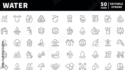 Water conservation icons set. editable line icons, outline, eco.friendly symbols