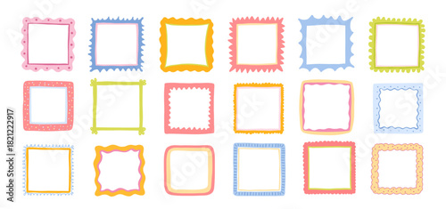 Cute square frames with scallop edges. Squiggle photo borders with zig zag edge. Wiggly groovy shapes, funky geometric text box frameworks. Vector set