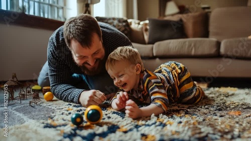 Happy father and son playing with toys on the floor at home