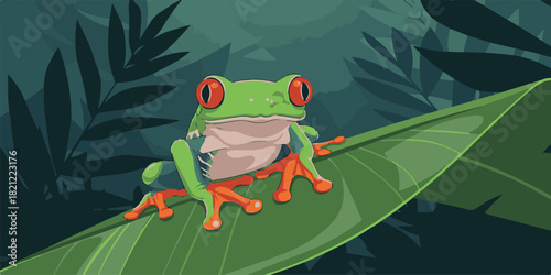 Cute macro closeup of a small, colorful, red-eyed tree frog, an amphibian, on a tropical green leaf