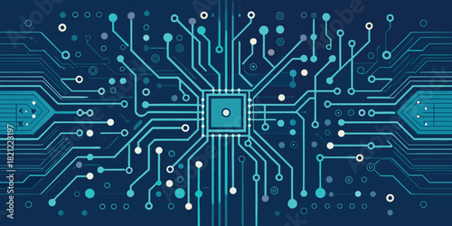 Modern vector design features circuit board with geometric shapes, lines, and connections for future technology and artificial intelligence advancement