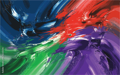 Abstract expressionism with blue green red purple and white paint brush strokes