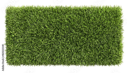Aerial view of a rectangular patch of vibrant green grass, lush and dense against black backdrop