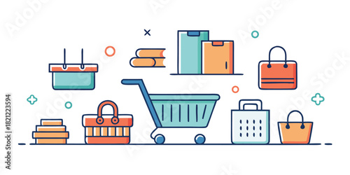 Shopping cart and baskets vector design showcases retail elements