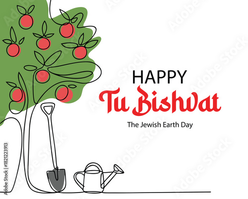 Tu Bishvat, jewish holiday of fruit trees. Vector one line art drawing background, banner, poster with apple tree, shovel and watering can. Tu Bishvat lettering
