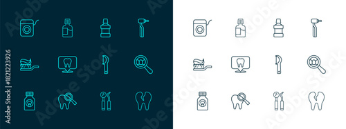 Set line Tooth drill, Broken tooth, Dental floss, mirror and probe, clinic location, Mouthwash, and icon. Vector