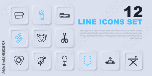 Set line Hanger wardrobe, Electric iron and ironing board, Teddy bear plush toy, Leather, Closed steel safety pin, Yarn ball with knitting needles, Zipper and Mannequin icon. Vector