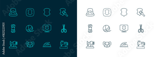 Set line Leather, Gift bow, Electric iron, Yarn ball, Thimble for sewing and icon. Vector