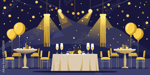 Elegant wedding reception in a ballroom at night with tables, chairs, balloons, lights, and decorations; ready for the special event