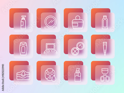 Set line Bottle of shampoo, Facial cosmetic mask, Makeup powder with mirror, liquid soap, Eye shadow palette brush, Cream lotion tube, and icon. Vector