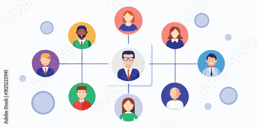 Network of diverse professionals is connecting in digital space, showing organization chart for communication and social media growth