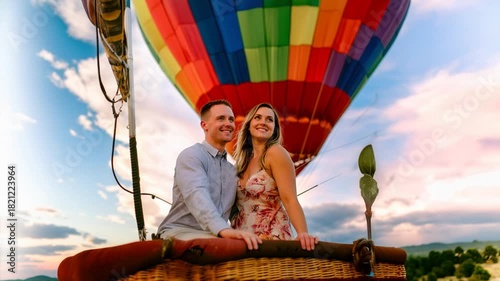 Romantic couple kissing in a hot air balloon during sunset