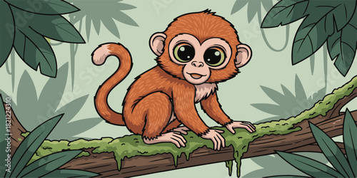Illustration of a brown wild mammal monkey character on a forest tree branch