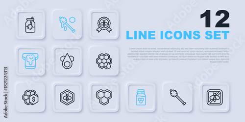Set line Honey dipper stick, Stop bee, Honeycomb, Jar of honey, Bread with, Bee and honeycomb, and icon. Vector