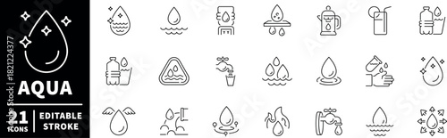 Water and aqua icons set. editable line icons, outline, hydration and fluids