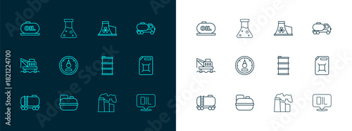 Set line Tanker truck, Canister for gasoline, Barrel oil, Oil and industrial factory, Motor gauge, Nuclear power plant, tank storage and petrol test tube icon. Vector