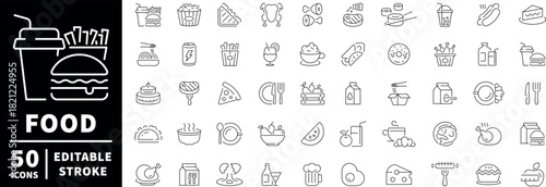 Food and beverage icons set. editable line icons, outline, culinary and dining symbols