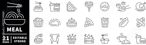 Food and meal icons set. editable line icons, outline, dining and cuisine graphics