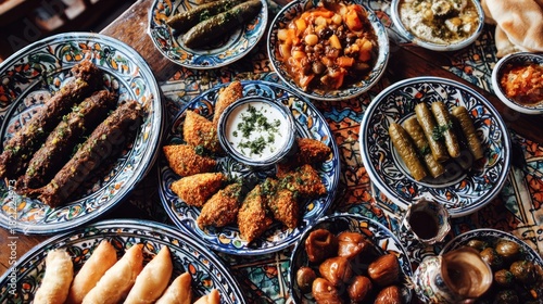 Abundant spread of traditional Middle Eastern appetizers and dips covers a richly patterned tablecloth