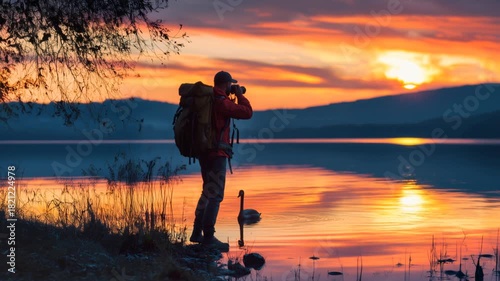 Photographer taking pictures of a swan at sunset