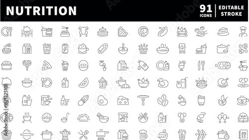 Nutrition icons set. editable line icons for healthy food and clean eating symbols