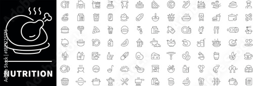 Nutrition icons set. editable line icons, outline, food and diet symbols