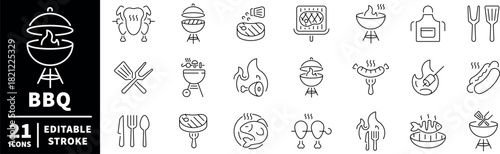 Bbq and grilling icons set. editable line icons, outline, barbecue and cookout symbols