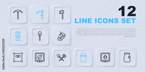 Set line Colorado beetle, Glass jar with screw-cap, Shovel, Bucket, Water tower, Seeds of specific plant, Scythe and and rake icon. Vector