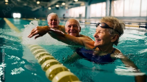 Happy senior friends swimming together in pool