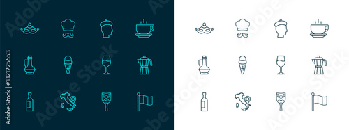 Set line Coffee cup, Map Italy, Wine glass, Carnival mask, Ice cream waffle, French man, and Italian cook icon. Vector