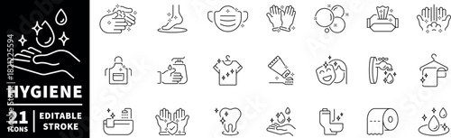 Hygiene icons set. editable line icons, outline, sanitation and cleanliness symbols