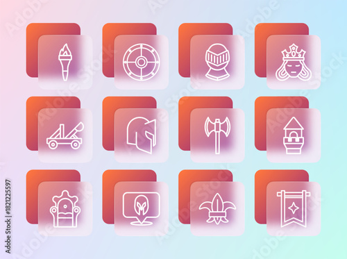 Set line Princess or queen, Medieval helmet, poleaxe, Fleur de lys lily flower, Torch flame and Round shield icon. Vector