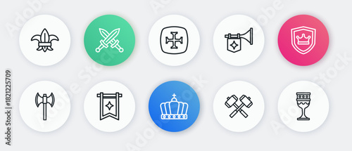 Set line King crown, Shield with, Medieval poleaxe, Crossed battle hammers, Trumpet flag, Crusade, goblet and icon. Vector