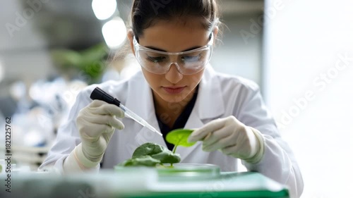 Female scientist analyzing plant leaf in a laboratory