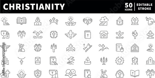 Christianity icons set. editable line icons, outline, spirituality and faith symbols