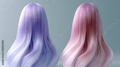 Two abstract forms showcasing long, wavy, ombre-dyed hair in pastel purple and pink. The background is a soft, neutral grey, creating a clean and modern aesthet