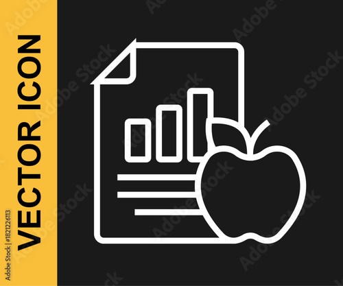 White line Diet plan icon isolated on isolated on black background. Concept of fitness marathon, proper nutrition, healthy food, beautiful body, vegetables, slimming. Vector