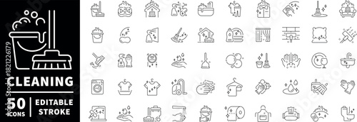 Cleaning and hygiene icons set . editable line icons, outline, sanitation symbols