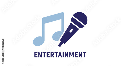 Blue musical notes and microphone illustration with the word entertainment below it